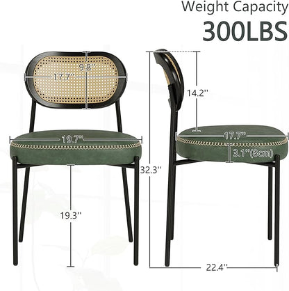 Rattan Dining Chairs Set of 4, Green Leather Upholstered Dining Chairs with Rattan Cane Back, Mid Century Modern Dining Room Chairs with Black Metal Legs & D-Shaped Thicken Cushion, Green