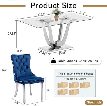 70" Modern Silver Glass Dining Table Set for 6, 7-Piece Rectangle Kitchen Dining Room Table Set with Steel Base & 6 Blue Velvet Upholstered Chairs, Modern Glass Kitchen Table and Chairs Set of 6