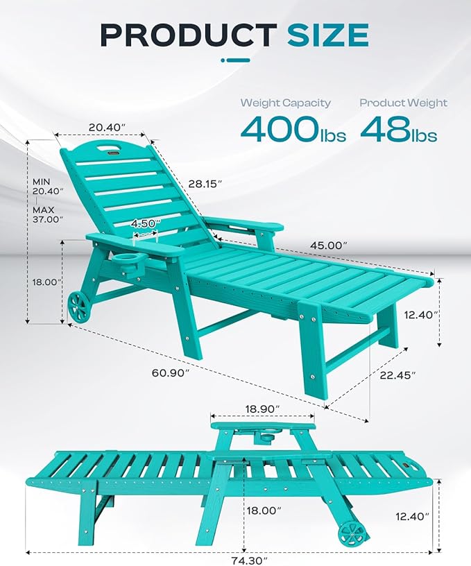 Outdoor Lounge Chair Set of 4, All Weather Patio Chaise Lounge Chair for Outside, HDPE Chair with Rolling Wheels & Cup Holder, 5 Position, Deck, Pool, Lake Blue