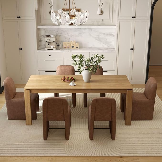 Brown Upholstered Leather Dining Chairs Set of 4, Mid Century Modern Dining Room Chairs with Deep Seat & Curved Back, Armless Side Chair Comfy Kitchen Chairs for Living Room/Kitchen