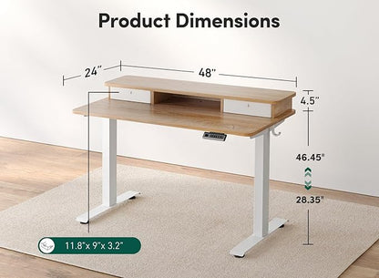 FEZIBO 48 x 24 Inch Height Adjustable Electric Standing Desk with Double Drawer, Computer Desk, Home Office Stand Up Table with 4 Height-Adjustable Feets & 2 Hooks, Maple