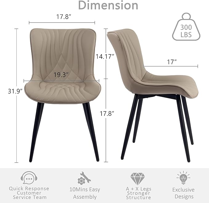 Kidol & Shellder Khaki Dining Chairs Set of 2,Faux Leather Upholstered Mid Century Modern Kitchen&Dining Room Chair with Back,Ergonomic Armless Vanity&Living Room Chair with Metal Legs