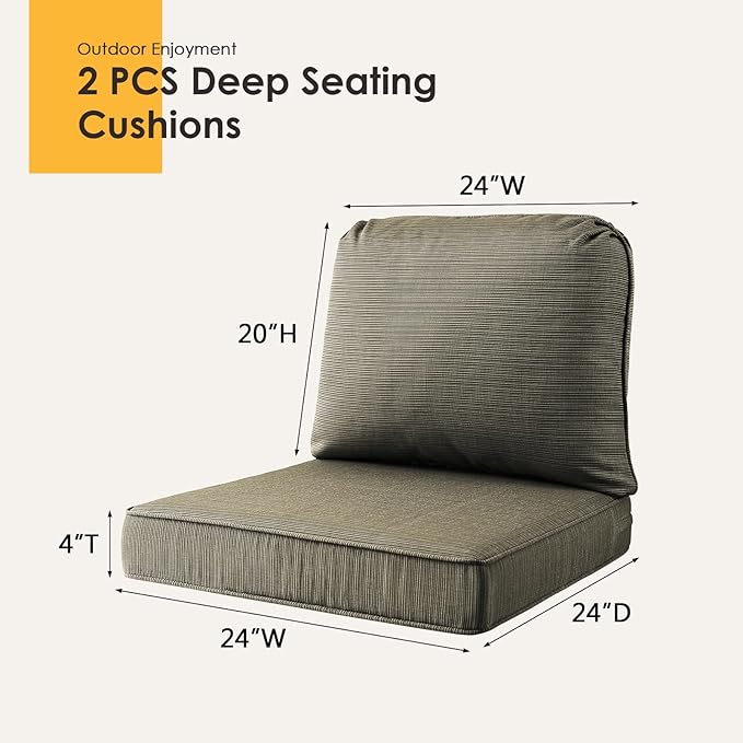 Outdoor Cushions for Patio Furniture Set of 2, 24"x24" Water Repellent Chair Cushions Removable Seat Bottom & Back Cushion Covers for Chair, Sofa, Couch, Dark Black Tan Stripe