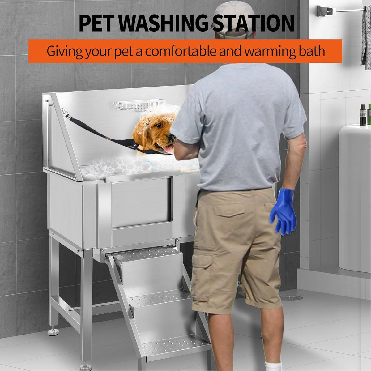 38 Inch Dog Bathing Station for Large Dogs, Stainless Steel Dog Pet Washing Station, Professional Dog Grooming Tub, Pet Wash Bath Station,Left Door