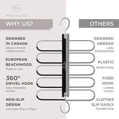MORALVE Pants Hangers Space Saving - 2 Pack European Beechwood Scarf and Jean Hangers - Closet Organizer and Space Saver Pant Rack, Leggings Hanger, and Scarf Holder with 360° Swivel Hook