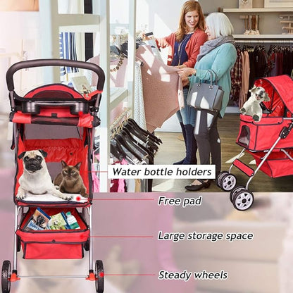 4 Wheels Pet Stroller Cat Dog Cage Stroller Travel Folding Carrier with Cup Holders and Removable Liner for Small-Medium Dog, Cat (Red)