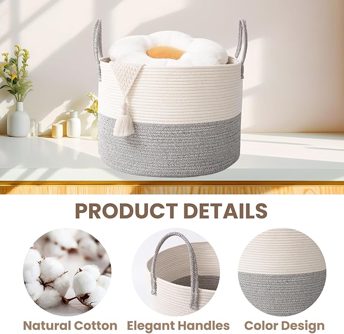 Woven Blanket Basket,65L Large Rope Storage Bin with Handles, Organizer for Blankets Toys Book and Clothes, Laundry Basket for Living Room Bedroom Nursery,White&Grey