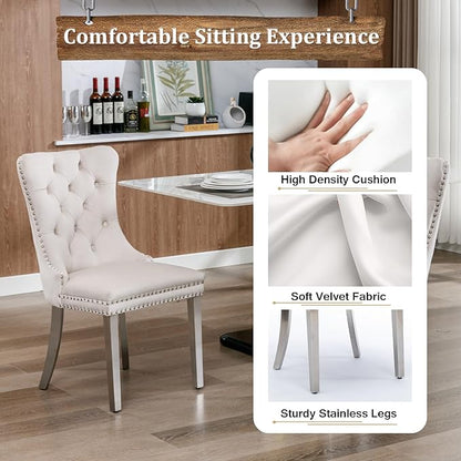 Modern White Marble Dining Table Set for 6,7-Piece Kitchen Table and Chairs for 6,Luxury Silver Dining Room Table Set w/68" Rectangle Dinner Table & 6 Beige Velvet Chairs for Kitchen Dining Room