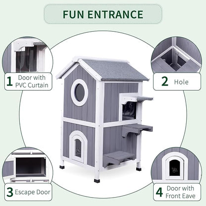 GEGURI Outdoor Cat House Weatherproof, Wooden Two-Story Feral Cat Shelter with Openable Roof, Escape Door, Balcony