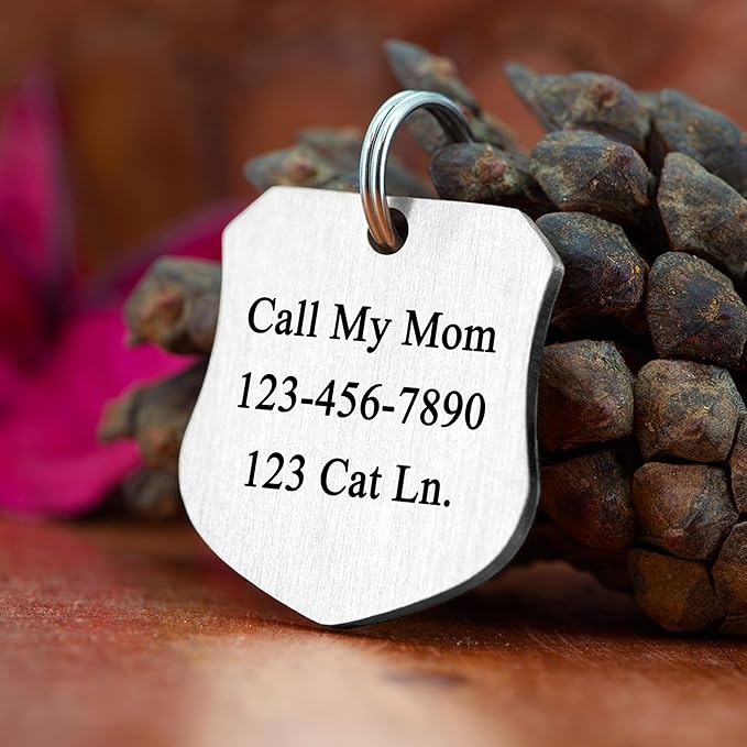 Ultra Joys Cat ID Tag Personalized Pet Tags, Durable Stainless Steel Small Pet Mini Dog Cat Tag Lightweight - Shield Tag in Silver