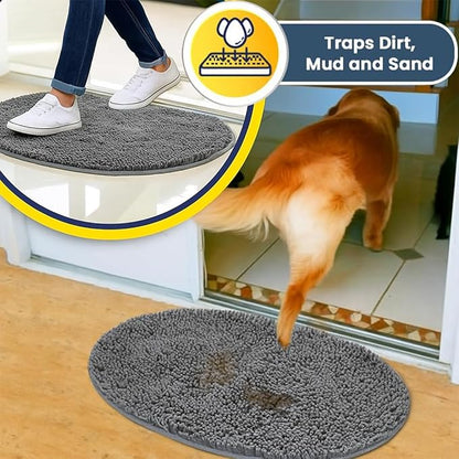 Muddy Mat® Shown on TV – Super Absorbent Microfiber Dog Door Mat for Muddy Paws, Non-Slip Washable Pet Rug, Quick Dry Chenille Entryway Carpet, Machine Washable Indoor Outdoor Mat, Grey Oval 5ft x 7ft