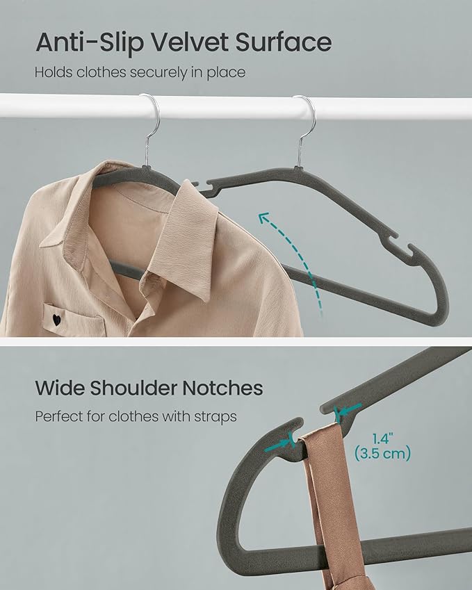 SONGMICS Velvet Hangers 50 Pack, Non-Slip Clothes Hangers, 17 x 8.3 Inches, Coat Hangers with Wide Shoulder Notches, Pants Bar, 360° Swivel Hook, Space-Saving, for Closet, Gray UCRF039G02