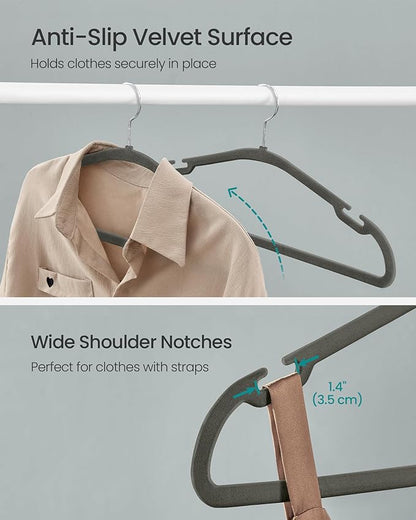 SONGMICS Velvet Hangers 50 Pack, Non-Slip Clothes Hangers, 17 x 8.3 Inches, Coat Hangers with Wide Shoulder Notches, Pants Bar, 360° Swivel Hook, Space-Saving, for Closet, Gray UCRF039G02