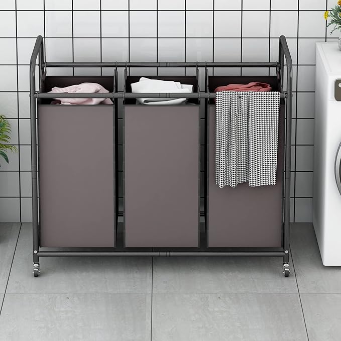 LINZINAR 3-Bag Laundry Sorter,Laundry Hamper Cart with Heavy Duty Rolling Lockable Wheels and Removable Bags (Brown)