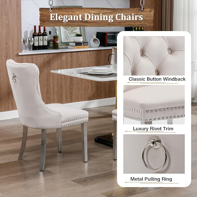 70" Modern Silver Glass Dining Table Set for 4, 5-Piece Rectangle Kitchen Dining Room Table Set with Steel Base & 4 Beige Velvet Upholstered Chairs, Modern Glass Kitchen Table and Chairs Set of 4