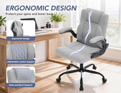 Office Chair with Adjustable Lumbar Support,Leather Ergonomic Computer Desk Chair with Flip-up Arms,Adjustable Tilt Lock,Swivel Rolling Executive PC Chair for Work, Study,Meeting,Small Space.Grey