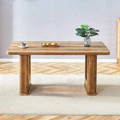 Dining Room Table for 6 - Wooden Dining Table with 1.7-Inch Thick Seamless Tabletop and Dual Pedestal Base,64.5'' Farmhouse Dining Table Ideal for Kitchen,Home Office(Easy to Assemble)