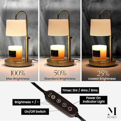 Dimmable Glass Candle Warmer Lamp with Timer - Adjustable Height Candle Lamp Warmer with Timer (8H/4H/2H) - Wax Melter - Ideal Gift, fits Various Size Scented Candles - 02 Bulb - (Gold Metal)