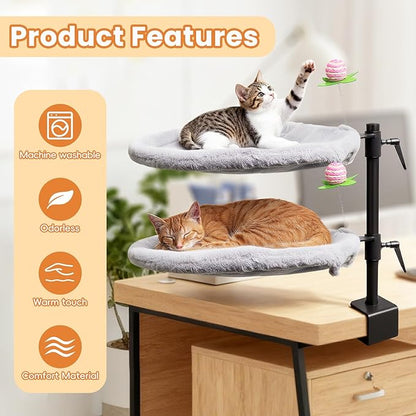 Double Cat Desk Bed, 360° Rotating & Adjustable Desk Mount with Soft Faux Fur & Breathable Mesh Accessories, Ergonomic Cat Perch for Remote Workers,Gamers, and Office Staff - Supports up to 44 lbs