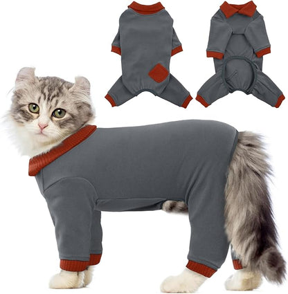 QBLEEV Cat Pajamas for Cats Only, Sticky Hair Cat Clothes, Cat Onesie for Cats After Surgery Female Male, Surgical Cat Recovery Suit Full Bodysuit, Long Sleeve Cat Shirts Outfits to Prevent Licking