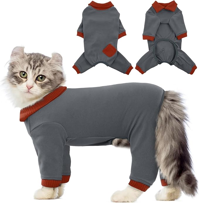 QBLEEV Cat Pajamas for Cats Only, Sticky Hair Cat Clothes, Cat Onesie for Cats After Surgery Female Male, Surgical Cat Recovery Suit Full Bodysuit, Long Sleeve Cat Shirts Outfits to Prevent Licking