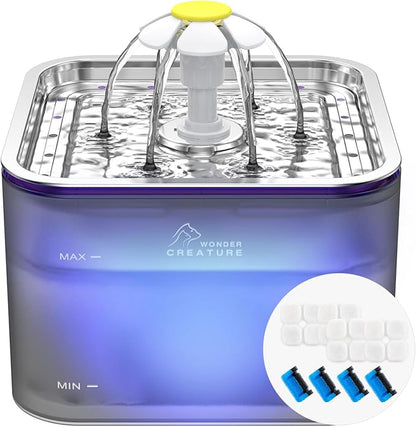 Crystal Cat Water Fountain Stainless Steel with 4 Filters and 4 Sponges, 101oz/3L Pet Fountain with LED Light for Cats and Dogs (Grey)