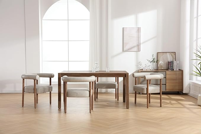 Mid-Century Modern Dining Chairs Set of 6, Armrest Barrel Dining Chairs Side Accent Chairs with Curved Back, Upholstered Wood Armchairs for Kitchen, PU Leather Grey