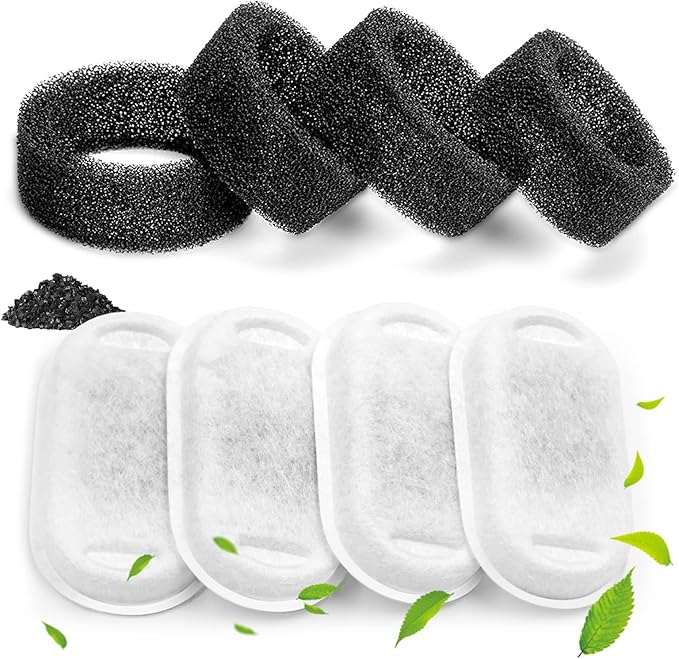 Monsin Cat Water Fountain Filters for Stainless Steel 67oz/2L Adjustable Water Flow Pet Fountain, 4 Pack Pet Replacement Filters with 4 Sponges