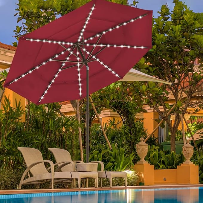 EliteShade USA 10-Year-Non-Fading Solar 9ft 3 Tiers Market Umbrella with 80 LED Lights Patio Umbrellas Outdoor Table with Ventilation,Burgundy