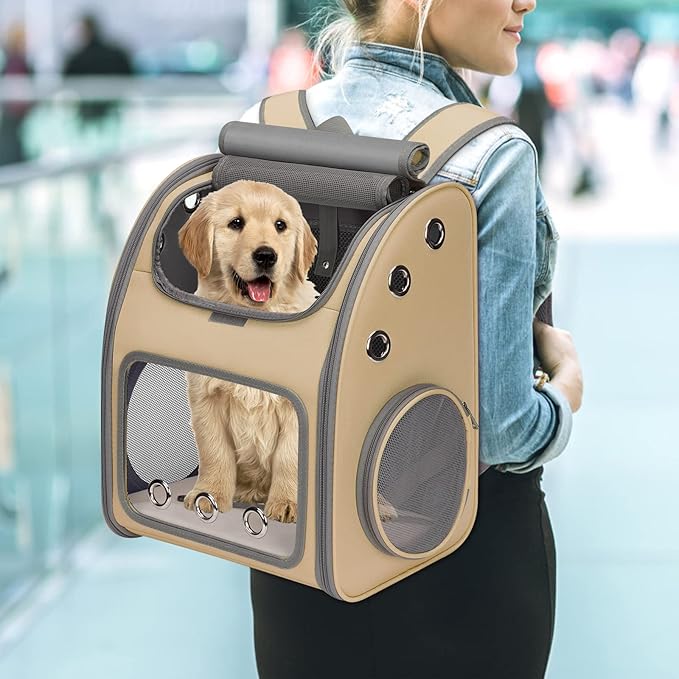 Expandable Pet Carrier Backpack for Cats, Dogs and Small Animals, Portable Pet Travel Carrier, Super Ventilated Design, Airline Approved, Ideal for Traveling/Hiking/Camping, Khaki