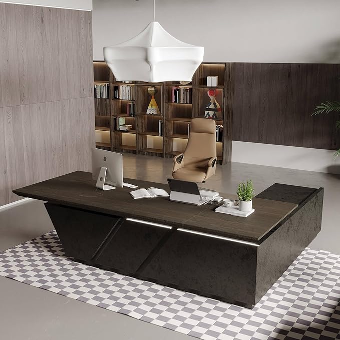 SAINTCY Adjustable Executive Desk - Luxury L Shaped Desk with Drawers, Large Table with File Cabinets, Executive Office Desks with LED Light Strip Home Office Desk for Professionals