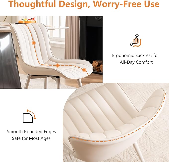 YOUNUOKE Mid-Century Modern Dining Chairs Set of 2, Cream PU Leather Upholstered Kitchen Chairs with Cream Metal Legs, Armless Accent Chair for Dining Room, Guest Reception Room
