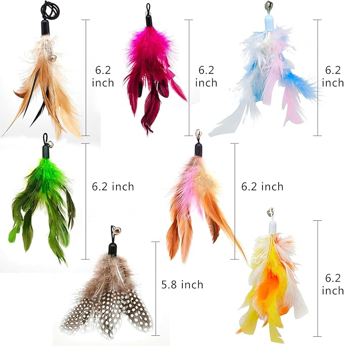 12 Pack Cat Wand Feather Toy Refills with Bells , Natural Feather Replacement for Interactive Teaser Toys, Colorful Wand Attachments, Durable and Safe Cat Toy Accessories for Exercise and Play