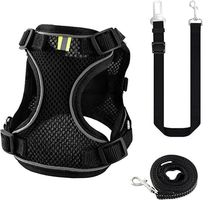 Kitten Cat Harness and Leash Set, Escape Proof Soft 4-Adjustable Cat Walking Vest Harness, Reflective Strips in Harness for Kitty Puppy Bunny Car Travel, with Car Seatbelt Leash (Black, S)
