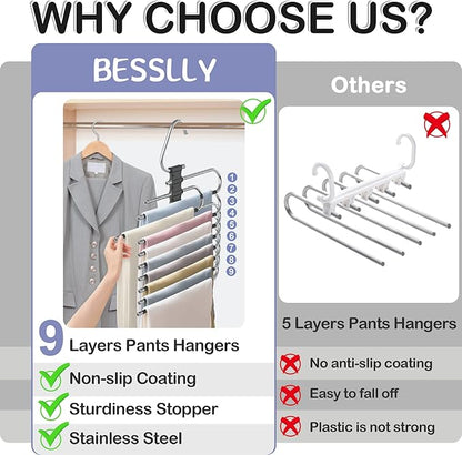Upgrade 9 Layers Pants Hangers Space Saving, 2 Pack Non Slip Stainless Steel Multifunctional Pants Rack Closet Pant Hanger Organizer with Hooks for Pants Jeans Trousers Dorm Room Essentials, Black