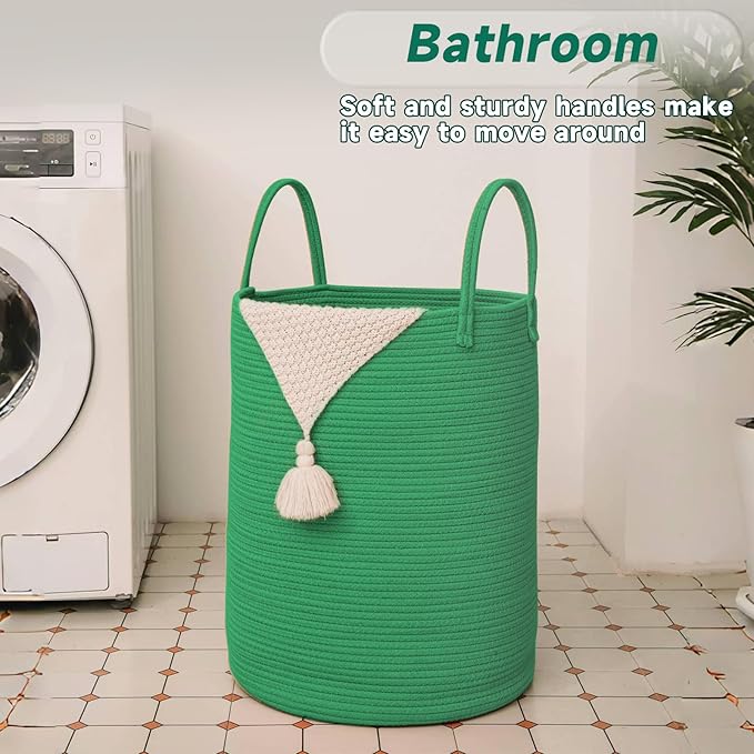 Large Woven Laundry Basket Hamper,80L Cotton Rope Storage Bin for Blankets,Toys and Clothes,Decorative Tall Nursery Hamper for Living Room,Baby Nursery,Bathroom and Bedroom,Dark Green