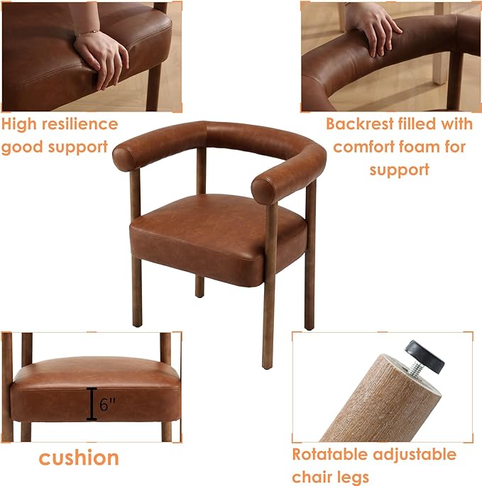 Mid-Century Modern Dining Chairs Set of 6, Armrest Barrel Dining Chairs Side Accent Chairs with Curved Back, Upholstered Wood Armchairs for Kitchen, PU Leather Brown