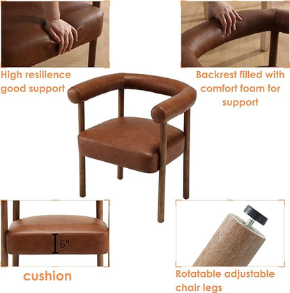 Mid-Century Modern Dining Chairs Set of 6, Armrest Barrel Dining Chairs Side Accent Chairs with Curved Back, Upholstered Wood Armchairs for Kitchen, PU Leather Brown