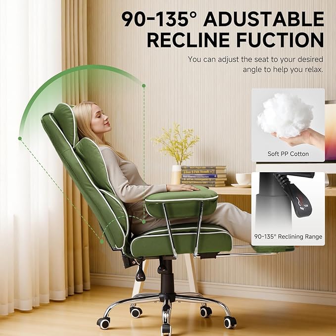 COMHOMA Big and Tall Gaming Chair with Pocket Spring Lumbar Support, Ergonomic Office Chair with Footrest, Executive Desk Chair with Outward Fixed Soft Armrests, Computer Chair with High Back, Green
