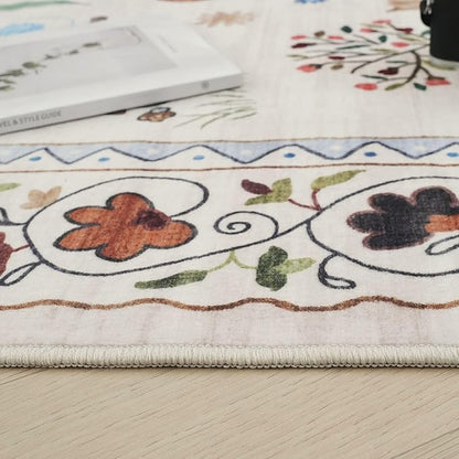 Rugcomf 2x5 Runner Rug - Floral Cat Machine Washable Kitchen Rug, Non-Slip Low Pile Boho Carpet for Hallways, Laundry, Entryway, Bedroom, Bathroom - Beige