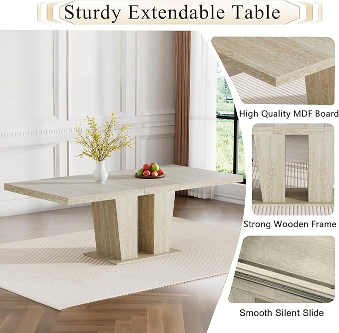 Goujxcy 7-Piece Extendable Dining Table Set for 6, 63-78 Inch Faux Travetine Kitchen Table Set with 6 Grey Upholstered Chairs Modern Wood Expandable Dining Room Table Set for Kitchen Apartment