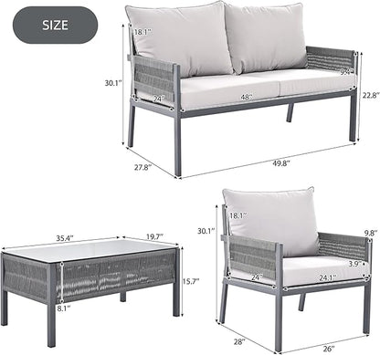 4-Piece Rope Outdoor Furniture Set, Patio Conversation Set with Tempered Glass Table, Rope-Woven Furniture Set with Deep Seat Design for Backyards, Gardens, Balconies, Grey