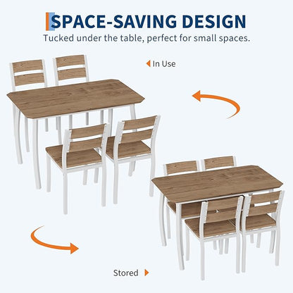 5 Piece Dining Table Set for 4, Space-Saving Kitchen Table with Wooden Seat Chairs, Modern Angled Corner Design, Compact Dinner Set for Small Spaces, Apartment, White & Wood Grain Color