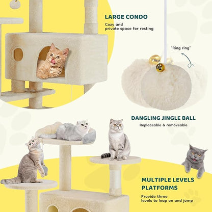 Cat Tree 54 Inch, Multi-Level Cat Tower with Condo, Perches, Sisal Scratching Posts and Climbing Ladder, Pet Play Toy Balls House for Indoor Cats, Beige