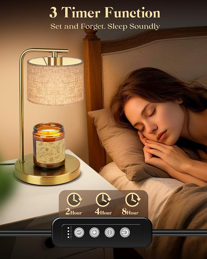Candle Warmer Lamp with Timer Dimmer, Candle Lamp Warmer with Linen Shade - Birthday House Warming Gift for Women Mom Her - New Home Decor for Bedroom with 2 Bulbs (Gold)