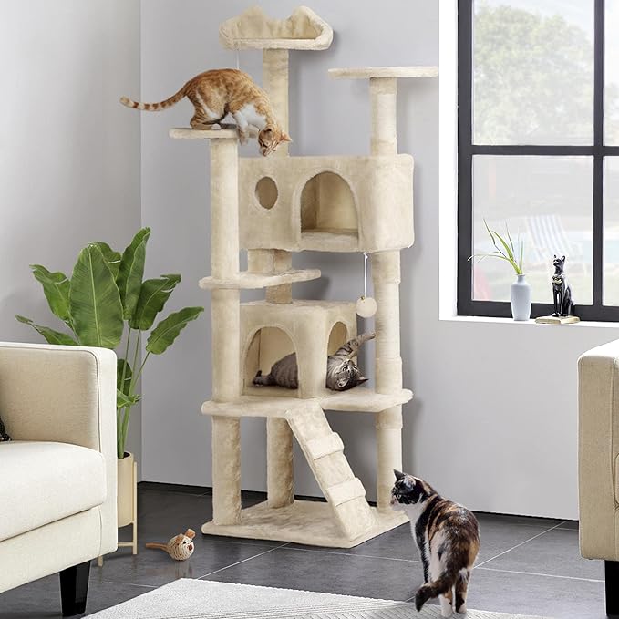 Yaheetech 62in Cat Tree Cat Tower for Indoor Cats, Cat Furniture w/Double Condo, Scratching Posts, Multiple Platforms and Balls for Kittens & Cats, Beige