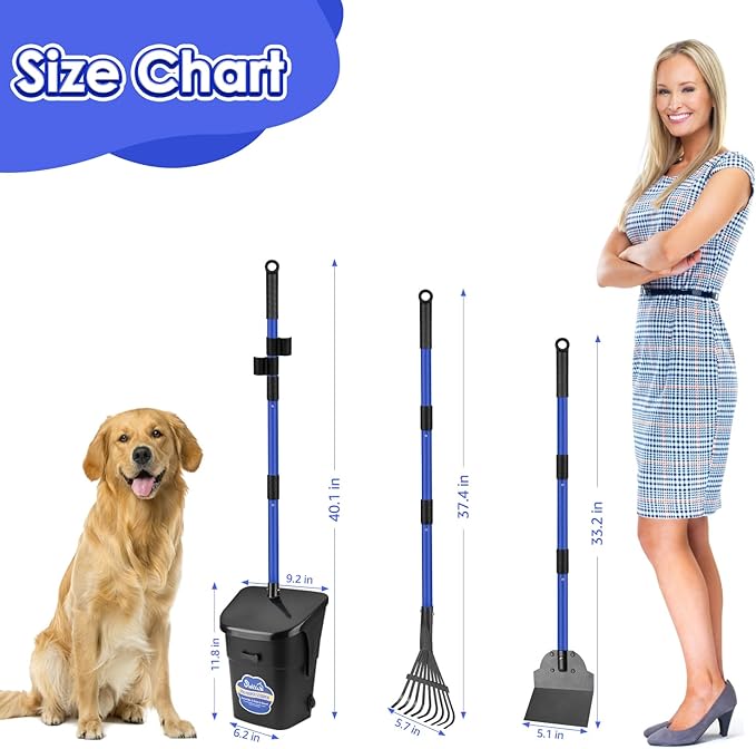 Lukovee Dog Pooper Scooper, 37.4" Long Adjustable Metal Handle Swivel Bin & Rake & Spade Kit with 20 Poop Bags, Portable Dog Non-Breakable Poop Scooper for Gravel Yard Lawn Grass, Blue