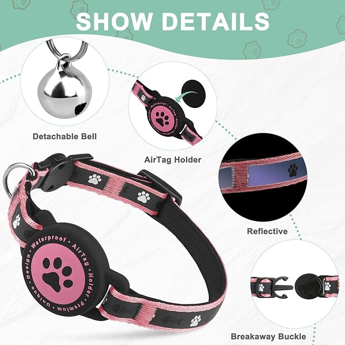 Airtag Cat Collar Breakaway, Reflective Cat Collar with AirTag Holder and Bell, Compatible with Apple Air Tag, Comfortable Padding, Adjustable, Durable (Pink, XS)