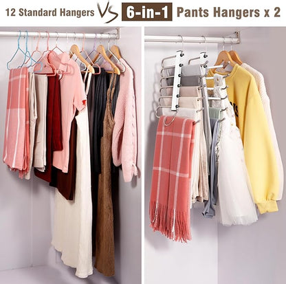 Space Saving 6 Tier Pant Hangers, Anti-Slip, Lightweight, Stainless Steel, 2 Pack, White