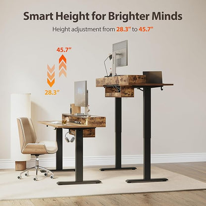 Agilestic Glass Standing Desk with Storage, 48 Inch Electric Adjustable Desk with Glass Shelf and Cable Management, Sit Stand Up Home Office Computer Table, Splice Board, Rustic Brown
